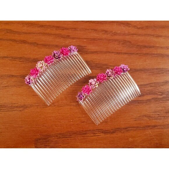 Hair Combs Barrettes Pink Floral Flowers Vintage Set Of 2 - Picture 1 of 4